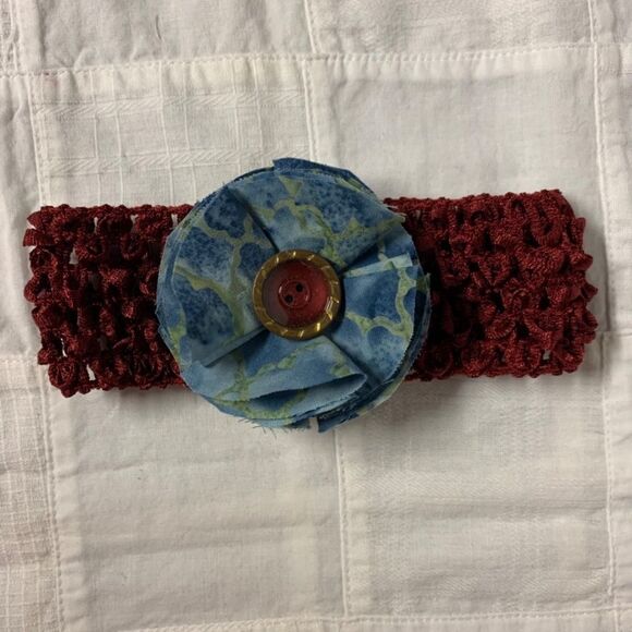 Handmade Infant Headband Burgundy Denim Blue & Green Flower Center Size Preemie - Picture 4 of 9